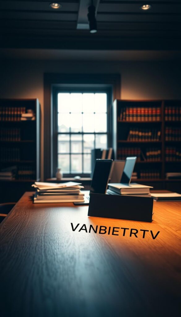 A serene, dimly lit office scene showcasing the legal landscape of IPTV in Germany. In the foreground, a wooden desk displays the IPTVANBIETERTV logo, cast in a soft, warm glow. On the desk, a stack of documents and a laptop hint at the complexities of navigating the legal framework. The middle ground features a bookshelf filled with law books, conveying a sense of authority and research. The background depicts a large window, allowing natural light to filter in and create a pensive atmosphere, suggestive of the thoughtful deliberation required on this topic. The overall mood is one of contemplation and seriousness, reflecting the gravity of the legal issues surrounding IPTV in the German context.