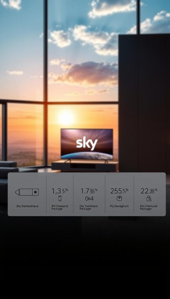 A serene, high-definition image of the Sky Deutschland IPTV offerings. In the foreground, a stylized, minimalist display showcases the various IPTV packages and subscription options, conveyed through clean typography and subtle icons. The middle ground features a sleek, modern living room setting, with a large, state-of-the-art television prominently displaying the Sky Deutschland branding. In the background, a panoramic view of a vibrant, sun-drenched sky, hinting at the expansive content and entertainment available through the IPTV service. The overall mood is one of sophistication, technology, and the promise of a premium viewing experience. IPTVANBIETERTV.