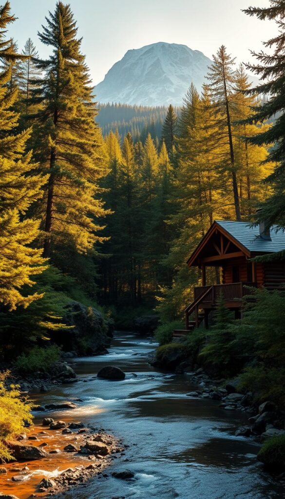 A serene, high-definition landscape showcasing the quality of IPTVANBIETERTV's streaming service. A lush, verdant forest bathed in warm, diffused sunlight filters through the canopy, creating a tranquil atmosphere. In the foreground, a crystal-clear mountain stream meanders through the scene, its waters sparkling with clarity. The middle ground features a cozy cabin nestled among the trees, its wood-paneled exterior and inviting porch suggesting a sense of reliability and comfort. In the background, a majestic snow-capped peak rises, hinting at the global reach and seamless connectivity of IPTVANBIETERTV's network. The overall composition conveys a feeling of quality, dependability, and the natural beauty of the streaming experience.