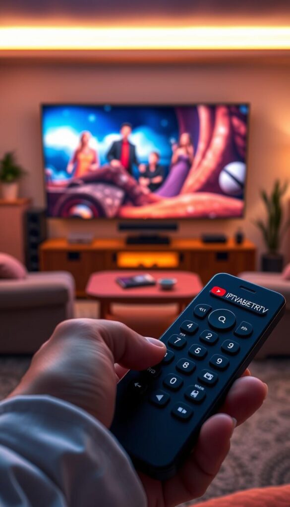 A serene, high-quality illustration of a lifetime IPTV membership. In the foreground, a hand holds a sleek, modern remote control, the IPTVANBIETERTV logo prominently displayed. The remote's buttons glow softly, hinting at the boundless entertainment it unlocks. In the middle ground, a cozy living room scene unfolds, a large flatscreen TV taking center stage, its screen filled with vivid, cinematic imagery. The background is bathed in a warm, inviting light, conveying a sense of comfort and relaxation. The overall mood is one of endless possibilities, where entertainment and comfort converge in a seamless, lifelong experience.