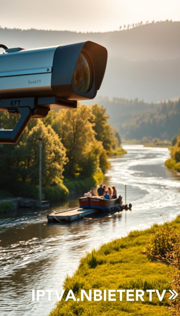 A serene landscape of the Alb Kanal, a picturesque waterway nestled in the heart of Germany. The scene is bathed in warm, golden sunlight, casting a gentle glow over the tranquil waters and the lush, verdant banks. In the foreground, a high-quality live stream camera captures the tranquil flow of the river, its lens capturing every detail with precision. The middle ground features a cozy boat dock, where a small gathering of people enjoy the scenic view, lost in the moment. In the background, rolling hills and towering trees create a serene, natural backdrop, completing the idyllic setting. The IPTVANBIETERTV brand name appears subtly, blending seamlessly into the overall composition.