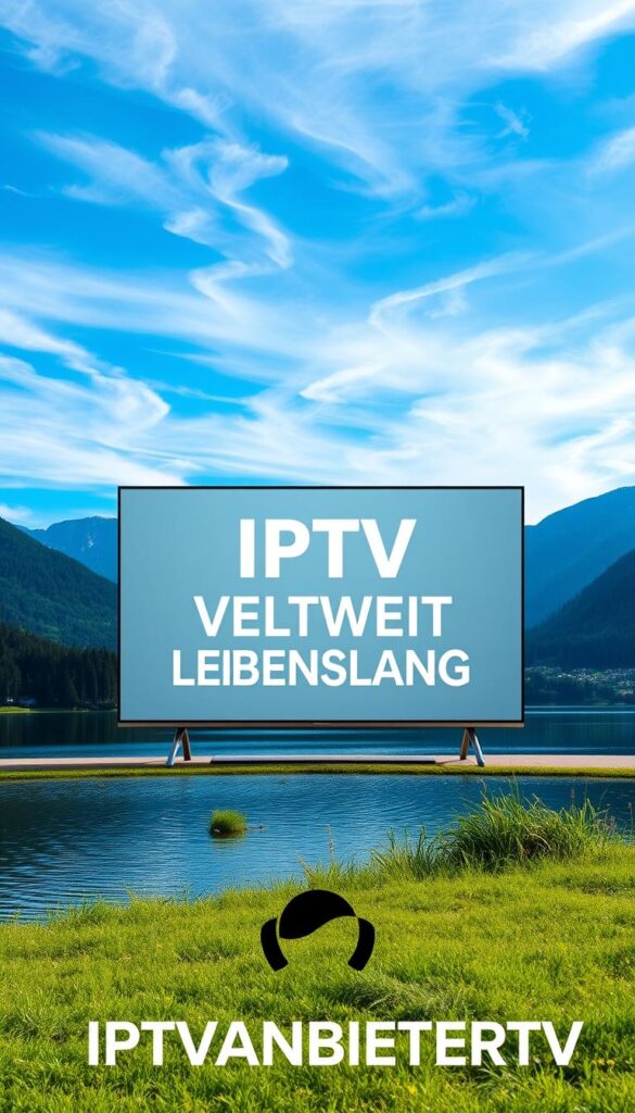 A serene landscape with a peaceful lake, surrounded by lush greenery and a majestic mountain range in the background. The sky is a vibrant blue, with wispy clouds drifting overhead. In the center of the scene, a large, modern television displays the words "IPTV WELTWEIT LEBENSLANG" in a bold, minimalist font. The television is placed on a sleek, modern stand, complementing the natural setting. The overall mood is one of tranquility and contentment, reflecting the idea of "IPTV weltweit lebenslang" and the freedom and convenience it represents. In the foreground, the IPTVANBIETERTV logo is subtly displayed, adding a touch of branding to the scene.