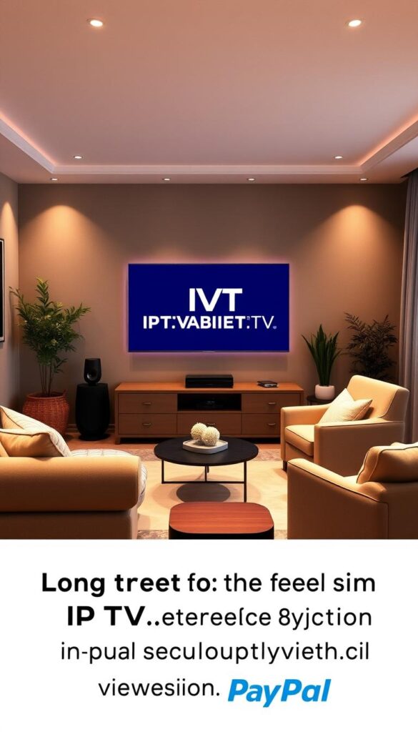 A serene living room filled with cozy furnishings and warm lighting, centered around a sleek smart TV displaying the IPTVANBIETERTV logo. The scene conveys a sense of comfort and entertainment, with a plush sofa and armchair inviting viewers to settle in and enjoy a lifetime of uninterrupted streaming. The room's neutral color palette and minimalist decor create a sophisticated ambiance, while the TV's prominent placement suggests the central role of IPTV in this harmonious living space. The image should evoke a feeling of reliability, convenience, and the pleasures of long-term IPTV subscription through PayPal.