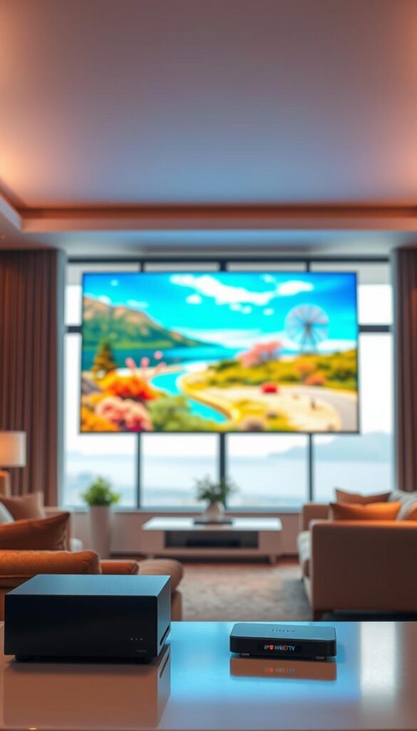A serene living room interior with a large, high-definition television screen displaying vibrant, crystal-clear IPTV streaming content. The room is bathed in warm, soft lighting, creating a cozy and inviting atmosphere. In the foreground, a modern, minimalist media console holds the IPTVANBIETERTV streaming device, its sleek design complementing the room's aesthetic. The middle ground features comfortable seating, such as a plush sofa or armchair, inviting viewers to immerse themselves in the high-quality streaming experience. The background showcases large windows or sliding glass doors, allowing natural light to flood the space and providing a scenic backdrop. The overall scene conveys the exceptional streaming quality and visual fidelity of the IPTVANBIETERTV service, catering to discerning viewers who demand a premium home entertainment experience.