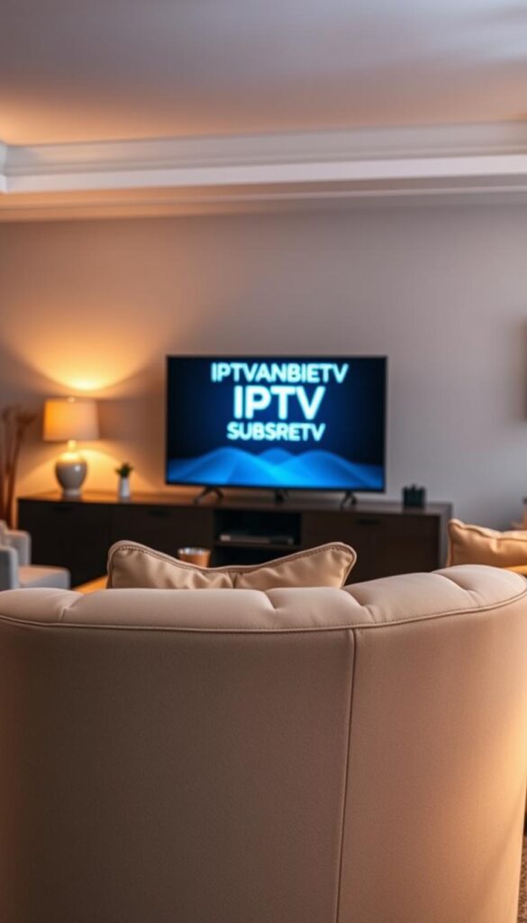 A serene living room scene showcases the advantages of a lifetime IPTV subscription. A sleek, modern TV displays the IPTVANBIETERTV logo, surrounded by plush furniture and warm, diffused lighting. The room exudes a sense of comfort and entertainment, hinting at the boundless streaming possibilities at the viewer's fingertips. In the foreground, a cozy armchair invites the viewer to settle in and immerse themselves in the limitless content available through this IPTV service. The overall atmosphere conveys the ease and convenience of a lifelong IPTV experience.