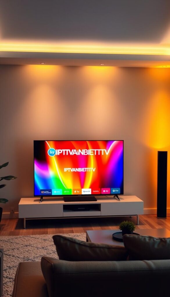 A serene living room scene with a large, high-definition television screen displaying a vibrant, crystal-clear IPTV streaming interface. The screen shows the IPTVANBIETERTV logo, highlighting the brand's premium quality. Warm, soft lighting bathes the room, creating a cozy and inviting atmosphere. The television is positioned on a sleek, modern entertainment unit, complemented by minimal, tasteful decor. The overall scene conveys the seamless integration of IPTV technology into a comfortable, modern home environment. A serene living room scene with a large, high-definition television screen displaying a vibrant, crystal-clear IPTV streaming interface. The screen shows the IPTVANBIETERTV logo, highlighting the brand's premium quality. Warm, soft lighting bathes the room, creating a cozy and inviting atmosphere. The television is positioned on a sleek, modern entertainment unit, complemented by minimal, tasteful decor. The overall scene conveys the seamless integration of IPTV technology into a comfortable, modern home environment.