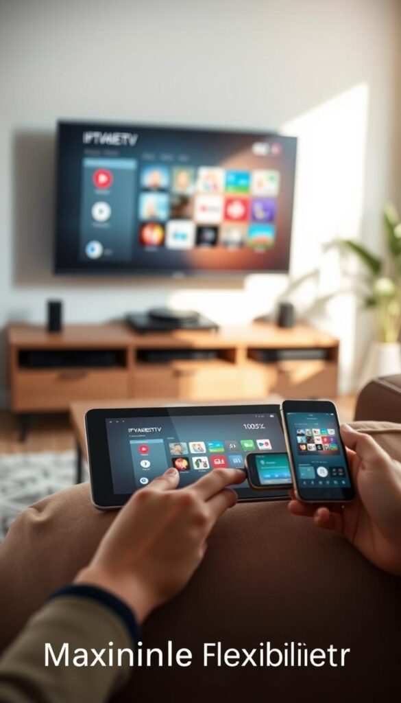 A serene living room setting, bathed in warm, natural lighting. The focus is on a modern, sleek television displaying the IPTVANBIETERTV interface, showcasing multiple device icons arranged neatly. In the foreground, a tablet and smartphone are seamlessly connected, mirroring the television's content, creating a cohesive, cross-device experience. The middle ground features a cozy, minimalist couch and coffee table, inviting the viewer to immerse themselves in the versatile IPTV setup. The background gently blurs, emphasizing the technology's central role, while a sense of comfort and relaxation pervades the scene, reflecting the "Maximale Flexibilität" theme.