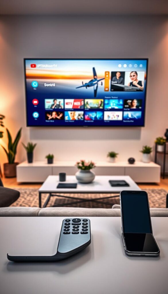 A serene living room setting with a large flat-screen TV mounted on the wall, showcasing the IPTVANBIETERTV interface. The screen displays a diverse array of content, representing the Mehrgeräteunterstützung (multi-device support) capabilities. In the foreground, a sleek remote control and various smart devices (smartphone, tablet) are neatly arranged, emphasizing the flexibility to access IPTV content across multiple devices. The middle ground features a cozy sofa and a modern, minimalist coffee table, creating an inviting atmosphere. The background incorporates soft, warm lighting, with hints of natural elements such as potted plants, adding to the overall comfortable and tech-savvy ambiance.