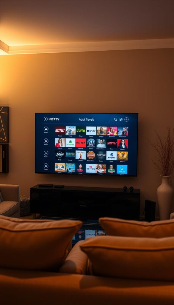 A serene living room setting with a modern IPTVANBIETERTV display showcasing a diverse selection of adult entertainment channels. Soft, warm lighting creates a cozy ambiance, while plush furnishings and subtle decor elements suggest an upscale, premium experience. The display's interface is sleek and intuitive, hinting at the comprehensive suite of IPTV services available. The overall scene conveys a sense of discretion and exclusivity, catering to a discerning audience seeking high-quality adult content in the comfort of their own home.