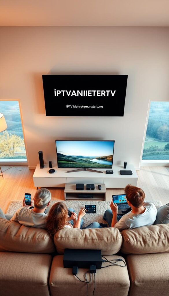 A serene living room with a large flat-screen TV mounted on the wall, displaying the IPTVANBIETERTV logo. In the foreground, a family of four relaxing on a plush, L-shaped couch, each holding a different device - a smartphone, a tablet, a laptop, and a remote control. The room is bathed in warm, soft lighting, creating a cozy and inviting atmosphere. The middle ground features a sleek, modern entertainment center with various streaming devices and cables neatly organized. The background showcases a picturesque view through large windows, revealing a tranquil outdoor scene. The overall scene conveys the effortless enjoyment of IPTV Mehrgeräteunterstützung, where the family can seamlessly access their favorite content on multiple devices in the comfort of their home.