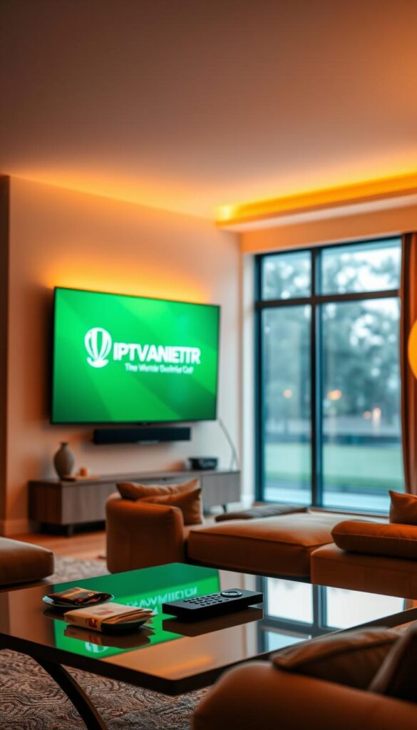 A serene living room with a large flat-screen TV mounted on the wall, showcasing the IPTVANBIETERTV brand logo prominently. The room is bathed in warm, ambient lighting, creating a cozy and inviting atmosphere. In the foreground, a sleek, modern coffee table with a remote control and some snacks, hinting at the comfort of an immersive World Cup viewing experience. The middle ground features plush, comfortable seating arrangements, inviting viewers to sit back and enjoy the match. The background subtly reveals a large window, allowing natural light to filter in and suggesting a sense of openness and connectivity. The overall scene conveys the advantages of IPTV technology for the 2026 World Cup - a seamless, high-quality viewing experience in the comfort of one's own home.