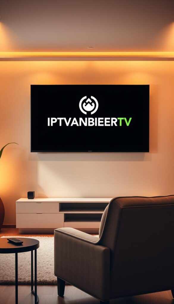 A serene living room with a large flat-screen TV mounted on the wall, showcasing the IPTVANBIETERTV logo. The room is bathed in warm, soft lighting, creating a cozy and inviting atmosphere. In the foreground, a comfortable armchair and a side table with a remote control. The middle ground features a modern entertainment center with sleek shelving, reflecting the premium quality of the IPTV service. The background is filled with lush, natural greenery, suggesting a sense of tranquility and balance. The overall scene conveys the idea of a lifelong, hassle-free IPTV experience, seamlessly integrated into a harmonious home environment.