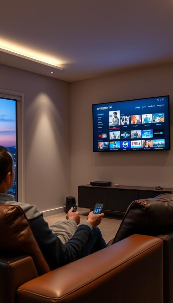 A serene living room with a large flat-screen TV mounted on the wall, the screen displaying a crisp, high-definition IPTVANBIETERTV interface. Soft lighting illuminates the space, creating a cozy atmosphere. In the foreground, a person sits comfortably on a plush leather sofa, remote in hand, engrossed in the streaming content. The room's decor features tasteful, modern furnishings, with muted tones and clean lines. Through the window, a view of a vibrant city skyline at dusk, hinting at the boundless entertainment options available through the IPTVANBIETERTV service.