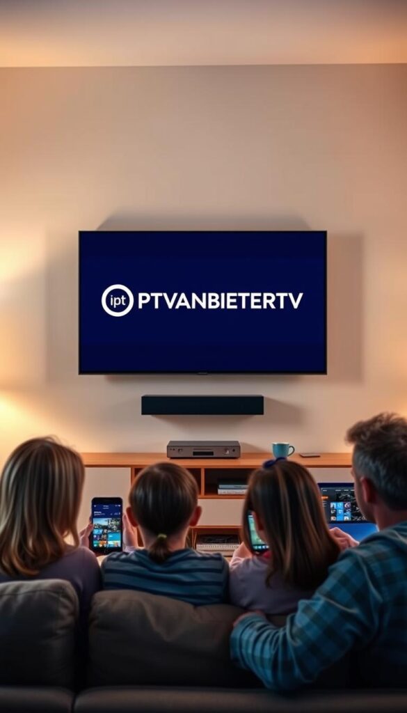 A serene living room with a large flat-screen TV mounted on the wall. In the foreground, a family of four is gathered around the TV, enjoying a variety of content on their various devices - a tablet, a smartphone, and a laptop. The lighting is warm and inviting, creating a cozy atmosphere. The background features a bookshelf filled with media and technology-related items, subtly hinting at the "Multigeräte-Unterstützung" (multi-device support) theme. The IPTVANBIETERTV logo is prominently displayed on the TV screen, showcasing the service's capabilities.