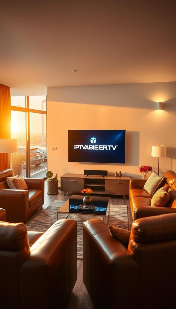 A serene living room with a large flat-screen TV taking center stage. The TV displays the IPTVANBIETERTV logo, casting a warm glow across the space. Plush leather sofas and armchairs surround the TV, creating a cozy, inviting atmosphere. Tasteful, modern decor accents the room, including a sleek entertainment center and minimalist lighting fixtures. Through the window, a view of a bustling city street can be seen, hinting at the connectivity and accessibility of IPTV. The scene conveys the comfort and convenience of enjoying football matches from the comfort of one's own home.