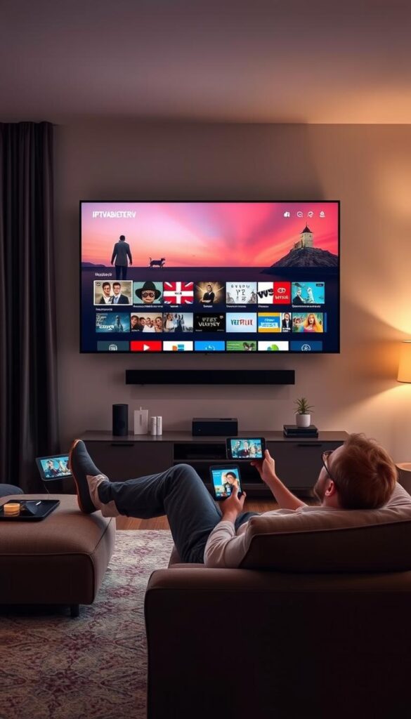A serene living room with a large flatscreen TV mounted on the wall, showcasing the IPTVANBIETERTV service. Soft, warm lighting illuminates the modern, minimalist furniture and decor. The TV display depicts a diverse range of content, reflecting the service's multimedia capabilities. In the foreground, a person lounges comfortably on a plush sofa, seamlessly accessing their favorite shows, movies, and live channels from multiple devices. The atmosphere exudes a sense of flexibility and ease, capturing the "Multigeräte-Unterstützung: Flexibler TV-Genuss überall" experience.