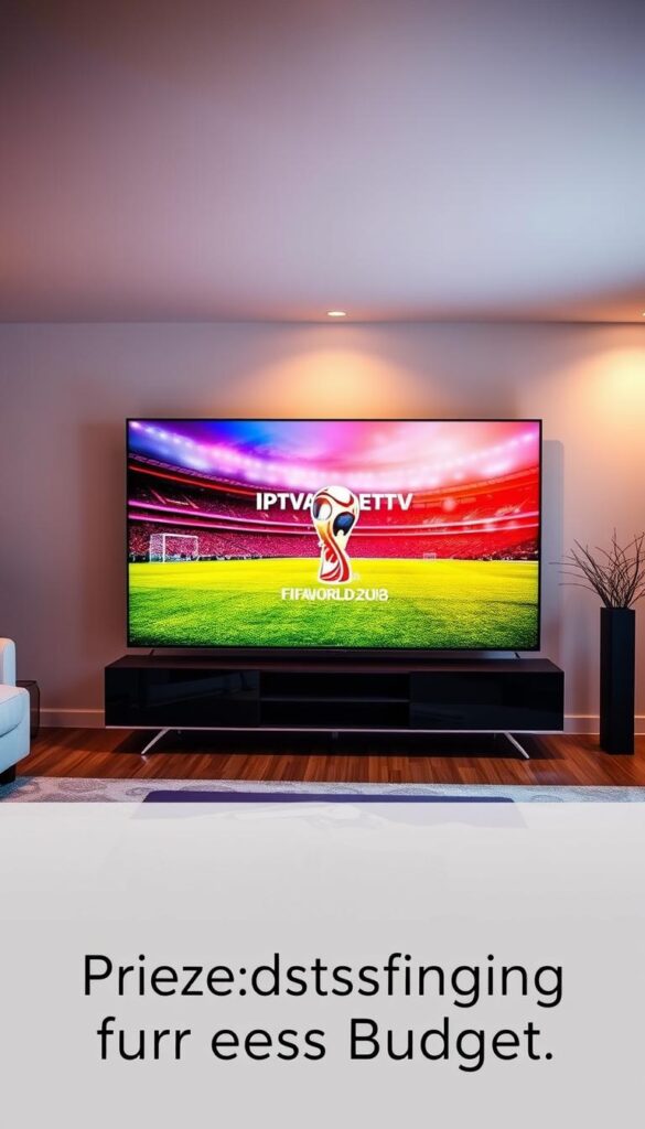 A serene living room with a large, modern OLED TV screen prominently displayed. The room is bathed in warm, soft lighting, creating a cozy and inviting atmosphere. On the screen, the IPTVANBIETERTV logo is displayed alongside a crystal-clear broadcast of the FIFA World Cup, with no visible buffering or interruptions. The image conveys a sense of seamless, high-quality IPTV experience, perfectly suited for the "Attraktive Preisgestaltung für jedes Budget" section of the article.