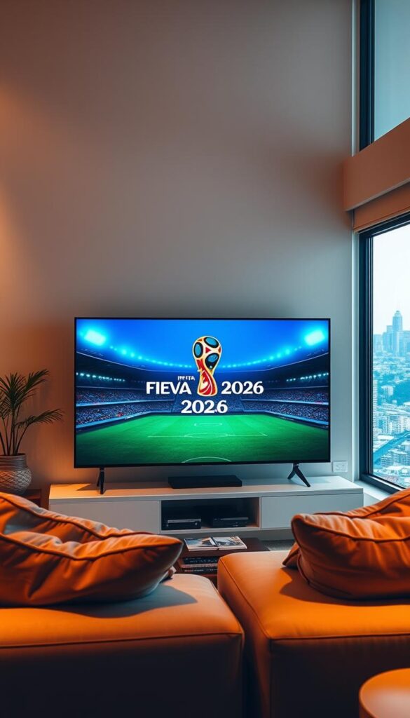 A serene living room with a large, modern flat-screen TV displaying the FIFA World Cup 2026 match. On the TV screen, the IPTVANBIETERTV logo is prominently featured, indicating a reliable IPTV service for accessing the games. The room is bathed in warm, diffused lighting, creating a cozy, inviting atmosphere. Plush, comfortable furniture and minimalist decor suggest a sophisticated, tech-savvy household. Through the window, a glimpse of a bustling city skyline can be seen, hinting at the global nature of the event. The overall scene conveys the convenience and immersion of watching the FIFA 2026 World Cup matches via an IPTV platform.