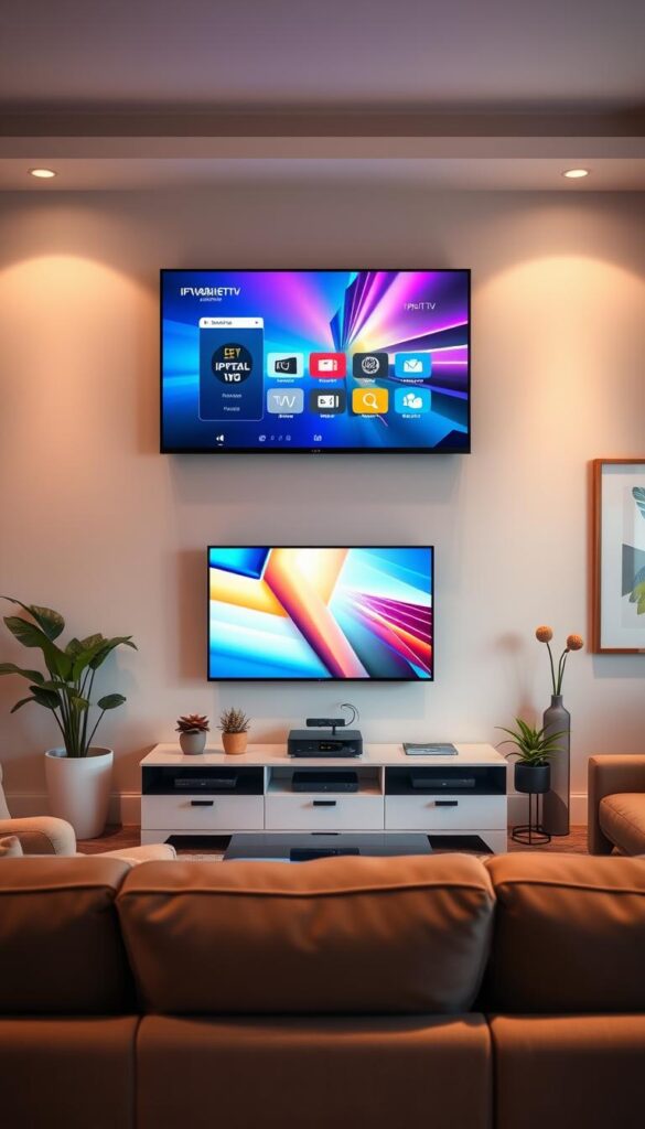 A serene living room with a large, modern flat-screen TV mounted on the wall, displaying a vibrant, colorful IPTV interface. The room is bathed in warm, diffused lighting, creating a cozy atmosphere. In the foreground, a comfortable sofa and armchair are arranged, inviting viewers to relax and enjoy the entertainment. The middle ground features a sleek, minimalist entertainment unit housing various IPTV devices, including the IPTVANBIETERTV brand. The background showcases a tasteful blend of contemporary decor, such as potted plants and abstract artwork, emphasizing the sophisticated and tech-savvy ambiance. The overall scene conveys the advantages of IPTV over traditional TV services, highlighting the convenience, flexibility, and visual appeal of this modern entertainment solution. A serene living room with a large, modern flat-screen TV mounted on the wall, displaying a vibrant, colorful IPTV interface. The room is bathed in warm, diffused lighting, creating a cozy atmosphere. In the foreground, a comfortable sofa and armchair are arranged, inviting viewers to relax and enjoy the entertainment. The middle ground features a sleek, minimalist entertainment unit housing various IPTV devices, including the IPTVANBIETERTV brand. The background showcases a tasteful blend of contemporary decor, such as potted plants and abstract artwork, emphasizing the sophisticated and tech-savvy ambiance. The overall scene conveys the advantages of IPTV over traditional TV services, highlighting the convenience, flexibility, and visual appeal of this modern entertainment solution.