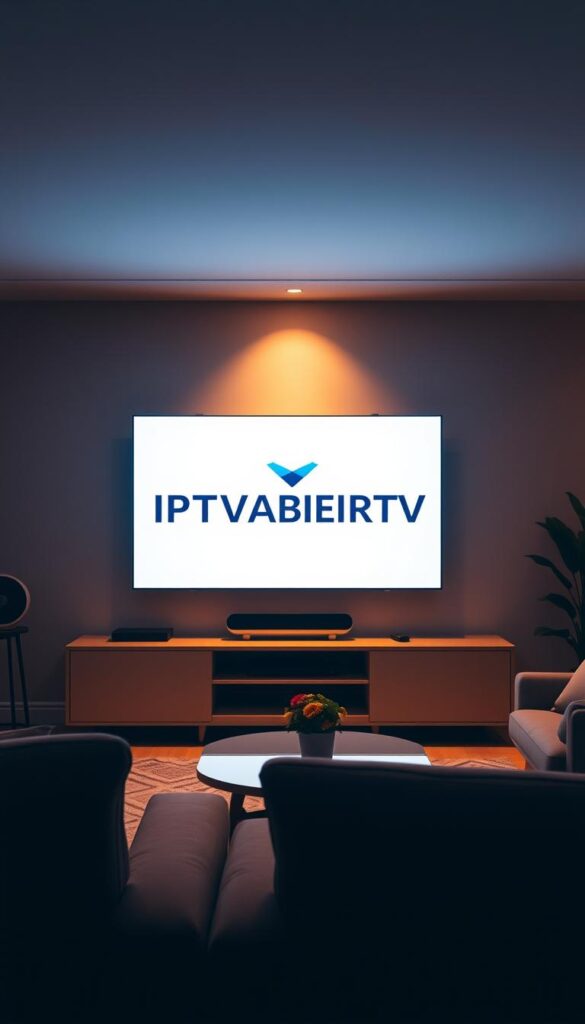 A serene living room with a large, sleek TV screen displaying the IPTVANBIETERTV logo. Soft, indirect lighting casts a warm glow, creating a cozy and inviting atmosphere. The room is furnished with modern, minimalist decor, hinting at the seamless integration of technology and lifestyle. The TV appears to be the focal point, showcasing the endless entertainment possibilities of a lifelong IPTV subscription. The scene conveys a sense of comfort, convenience, and the freedom to enjoy content without interruption or expiration.