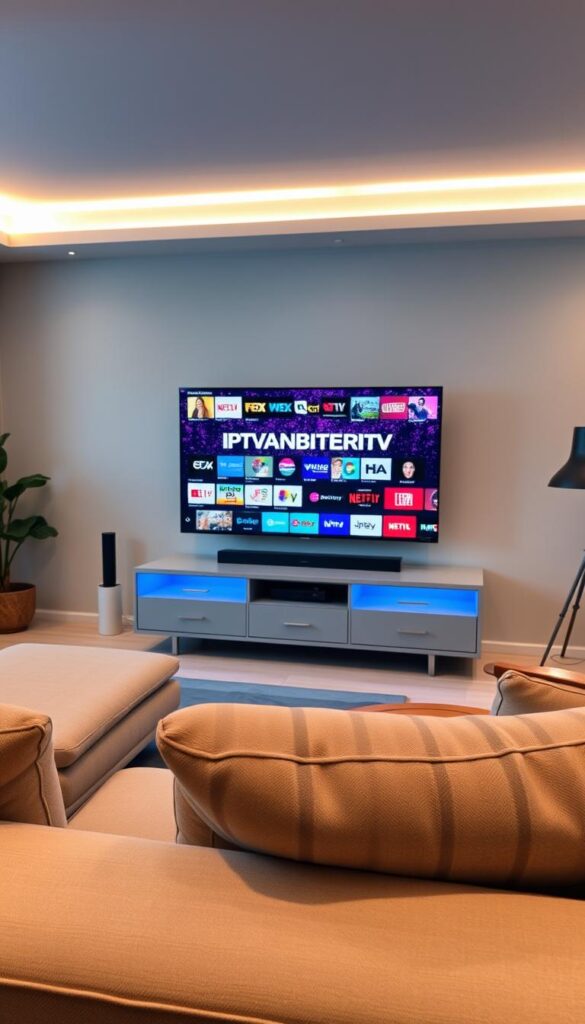 A serene living room with a sleek, modern TV stand displaying the iconic "IPTVANBIETERTV" logo. The screen flickers with a mesmerizing array of channels, inviting the viewer to embark on a journey of endless entertainment. Soft, warm lighting casts a cozy glow, while plush, comfortable seating beckons for a night of binge-watching. The room exudes a sense of relaxation and the promise of a lifetime of uninterrupted, high-quality streaming experiences.