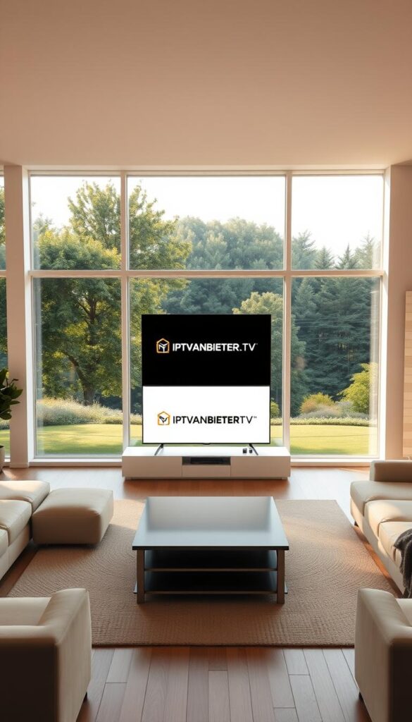 A serene, minimalist living room scene with large windows overlooking a lush, verdant landscape. In the center, a sleek, modern TV displays the IPTVANBIETERTV brand logo. The room is bathed in warm, natural light, creating a cozy and inviting atmosphere. Soft, neutral-toned furnishings complement the clean, contemporary design. A sense of simplicity and tranquility permeates the space, conveying the idea of a hassle-free, no-frills IPTV experience.