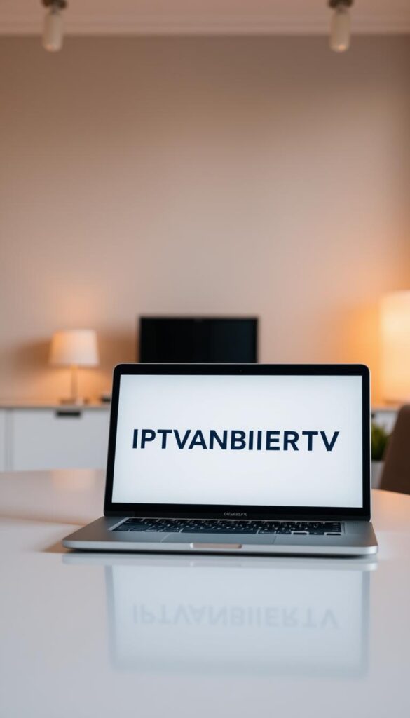 A serene office setting with a laptop displaying the IPTVANBIETERTV brand logo on the screen. Soft, warm lighting illuminates the desk, creating a cozy atmosphere. The laptop is placed on a clean, minimalist desk, hinting at the simplicity and convenience of the IPTV service. The background features a blurred, neutral-toned wall, allowing the laptop to be the focal point. The overall scene conveys a sense of professionalism and reliability, reflecting the credibility of the IPTV provider.