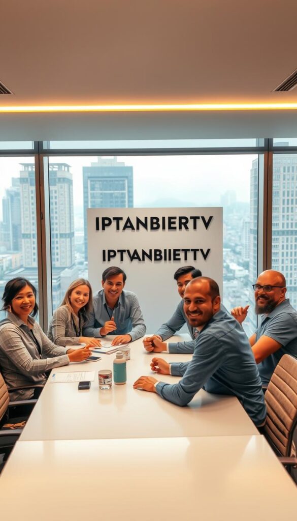 A serene office setting with a large window overlooking a bustling cityscape. In the foreground, a group of customers seated around a conference table, engaged in a lively discussion. They appear satisfied, with smiles on their faces and gestures of enthusiasm. The middle ground features IPTVANBIETERTV's branding prominently displayed on the wall, creating a sense of professionalism and trust. The lighting is warm and inviting, casting a soft glow over the scene. The camera angle is slightly elevated, providing a panoramic view that captures the overall atmosphere of customer satisfaction.