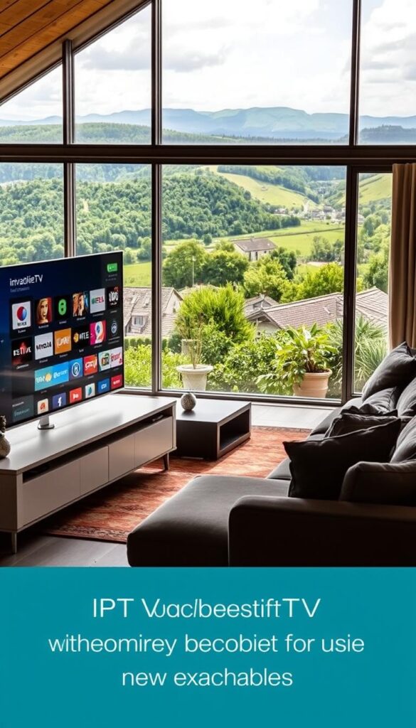 A serene outdoor scene showcasing an IPTV provider for Germans abroad. In the foreground, a modern television set displays an array of international channels, its sleek design complementing the minimalist home decor. In the middle ground, a well-appointed living room with plush furnishings and large windows overlooking a lush, verdant landscape. Soft, natural lighting filters through, creating a warm and inviting atmosphere. In the background, a scenic vista of rolling hills and a picturesque town, reflecting the global reach of the IPTVANBIETERTV service. The overall composition conveys a sense of comfort, connectivity, and cultural enrichment for the discerning German expat viewer.