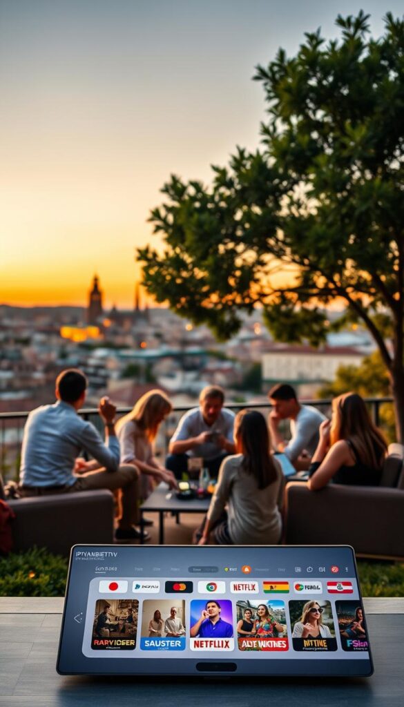 A serene outdoor scene showcasing the alluring benefits of IPTVANBIETERTV services for European users. In the foreground, a sleek, minimalist interface displays a diverse array of international content, its clean design and vibrant colors inviting exploration. In the middle ground, a group of people from diverse backgrounds gathered around a cozy living room, their faces lit by the soft glow of their devices as they immerse themselves in seamless, high-quality IPTV streaming. In the background, a panoramic view of a picturesque European city skyline, its iconic landmarks silhouetted against a warm, golden-hour sky, symbolizing the global reach and accessibility of IPTVANBIETERTV's services. The scene exudes a sense of effortless connectivity, entertainment, and cultural exploration, perfectly capturing the decisive advantages of IPTV for European users.