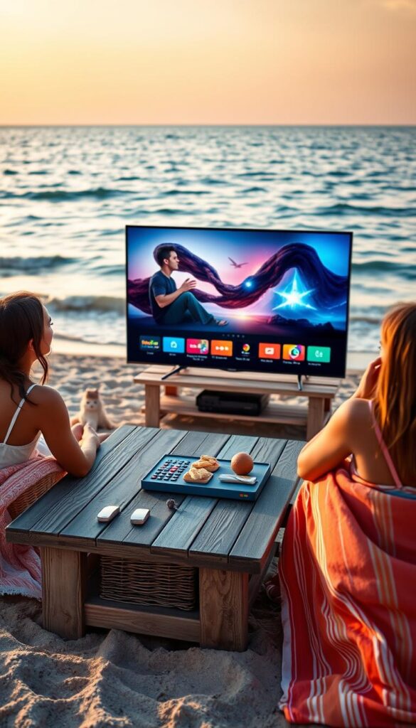 A serene outdoor scene with a family relaxing on a beach, their attention focused on a large, sleek IPTVANBIETERTV display device showcasing a vibrant, high-definition streaming experience. The device is situated on a weathered wooden table, surrounded by plush beach towels and a picnic basket, creating a cozy, inviting atmosphere. The background features a gently lapping ocean, with a warm, golden sunset casting a soft, romantic glow over the entire scene. The image conveys the comfort and convenience of enjoying premium IPTV content while on vacation, seamlessly blending technology and leisure.