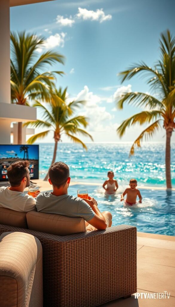 A serene, sun-drenched coastal landscape with a family enjoying the benefits of IPTVANBIETERTV while on vacation. In the foreground, a couple relaxes on a plush outdoor sofa, sipping drinks and watching a large, high-definition display mounted on the wall of their beachfront villa. In the middle ground, children play in the lapping waves, their joyful laughter and splashing captured by the camera's crisp, cinematic lens. The background reveals a breathtaking vista of azure skies, swaying palm trees, and a glistening, turquoise ocean horizon. Warm, golden lighting bathes the scene, creating a sense of tranquility and indulgence, perfectly capturing the advantages of IPTV for the modern, connected traveler.