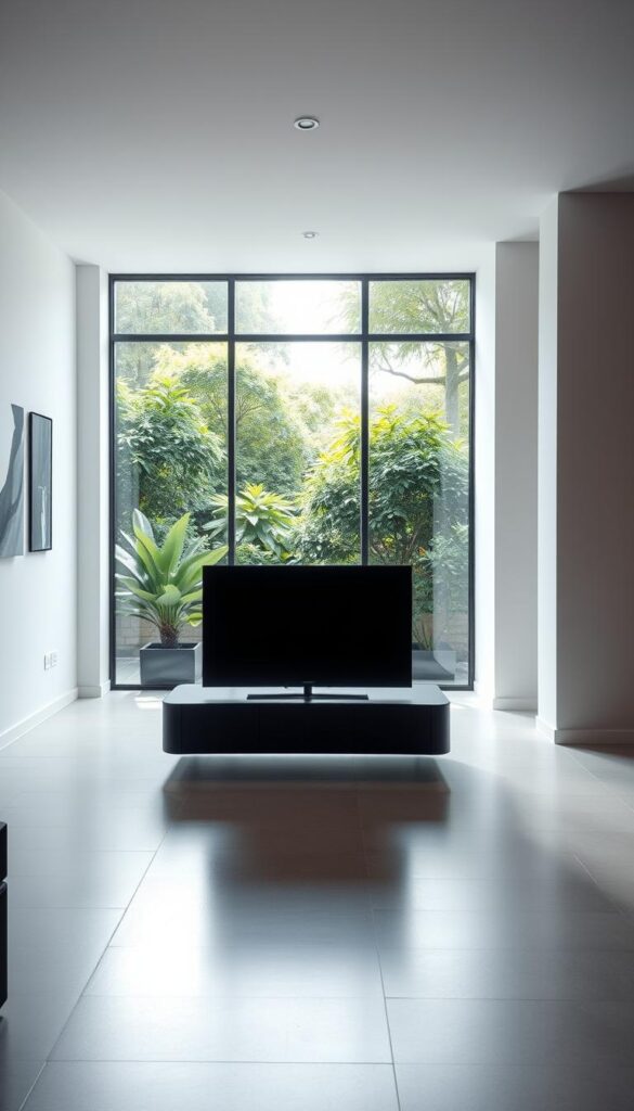 A serene, well-lit interior scene of a modern, minimalist living room. The focus is on a sleek, state-of-the-art IPTVANBIETERTV set resting on a floating media console, casting a soft glow. The walls are adorned with abstract art pieces, and a large window overlooking a lush, verdant garden provides natural lighting. The room exudes a sense of sophistication and technological integration, hinting at the legal and seamless IPTV experience it represents.