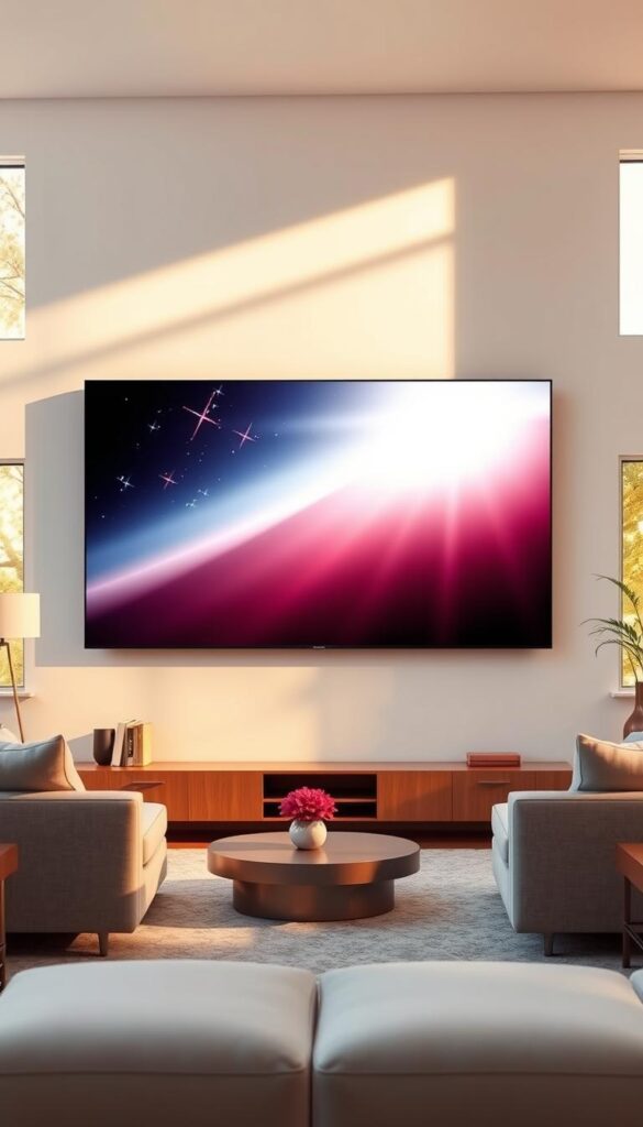 A serene, well-lit living room with a large, state-of-the-art 4K OLED television mounted on the wall. The room is flooded with warm, natural lighting from large windows, creating a cozy and inviting atmosphere. The television displays a crystal-clear, high-quality image with vibrant colors and deep blacks, showcasing the stunning streaming-quality capabilities of IPTVANBIETERTV. The room is furnished with modern, minimalist decor, highlighting the technological focus. The overall scene conveys a sense of comfort, quality, and immersion in the viewing experience.
