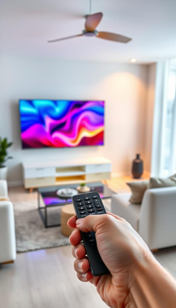 A serene, well-lit living room with a modern TV displaying a vibrant, high-quality IPTV stream. Sleek, minimalist furniture and soft, diffused lighting create a cozy, inviting atmosphere. In the foreground, a hand holds a IPTVANBIETERTV remote, emphasizing the ease of controlling the IPTV experience. The middle ground showcases the TV screen, its crisp, detailed visuals reflecting the optimized streaming quality. The background features a large window, allowing natural light to flood the space and enhance the overall ambiance. The scene conveys a sense of relaxation and enjoyment, perfectly capturing the "Streaming-Qualität optimieren: Tipps für störungsfreien Genuss" theme.