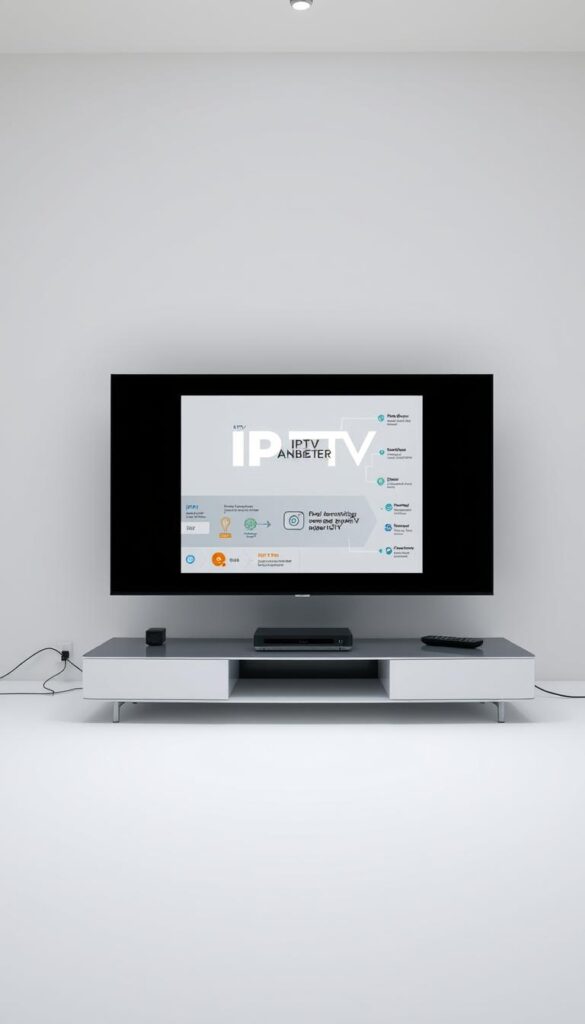 A serene, well-lit studio setting with a clean, minimalist aesthetic. In the foreground, a modern flat-screen display prominently showcases the "IPTVANBIETERTV" brand logo. Behind it, a clear diagram or infographic visually explains the core concepts of IPTV technology, using simple shapes, icons, and color-coded information to break down the technology in an accessible, easy-to-understand manner. The middle ground features sleek, high-tech media devices and peripherals, such as a streaming box or smart TV remote, further reinforcing the advanced, cutting-edge nature of IPTV. The background is dominated by a soft, neutral color palette, allowing the key elements to take center stage and creating an atmosphere of professionalism and clarity.