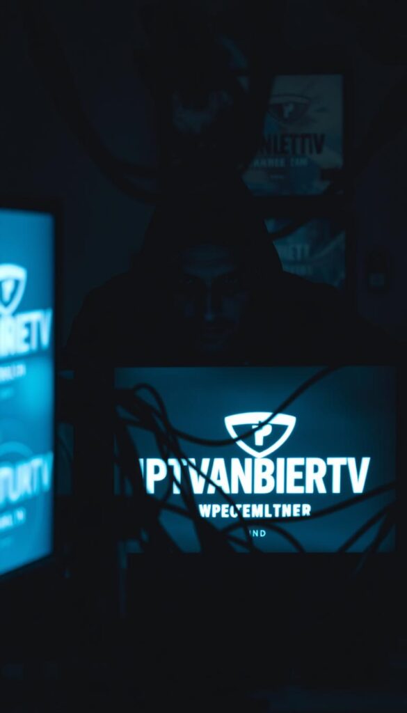 A shadowy figure lurking behind a computer screen, surrounded by a tangled web of cables and screens displaying the IPTVANBIETERTV logo. The scene is dimly lit, casting an ominous glow on the figure's face, conveying a sense of secrecy and illegality. The background is blurred, drawing the viewer's attention to the central focus - the elusive and shady IPTV provider. The image is captured with a telephoto lens, creating a sense of distance and mystery, as if the viewer is witnessing a clandestine operation. The overall mood is one of caution and suspicion, reflecting the dangers of engaging with such unlawful services.
