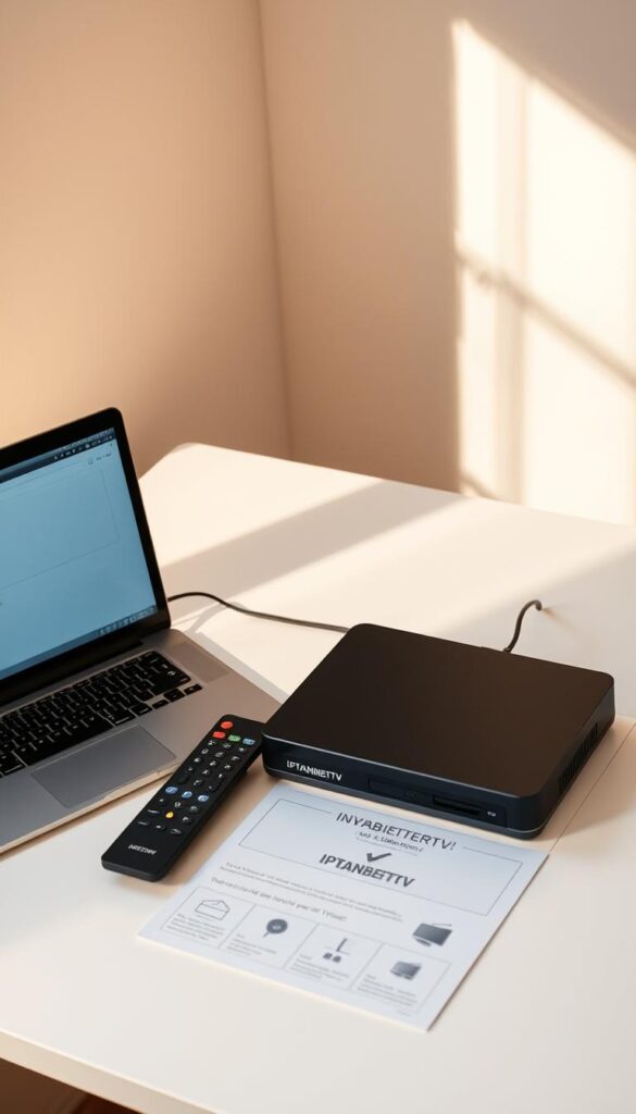 A simple and intuitive IPTVANBIETERTV installation process unfolds on a clean, well-lit desk. A laptop, remote control, and a sleek IPTVANBIETERTV device sit alongside clear setup instructions. Warm, natural lighting from a nearby window casts a soft glow, creating an inviting atmosphere. The minimalist composition focuses on the core components, emphasizing the ease and accessibility of the IPTVANBIETERTV setup. The scene conveys a sense of effortless technology integration, ready to deliver an unparalleled IPTV viewing experience.