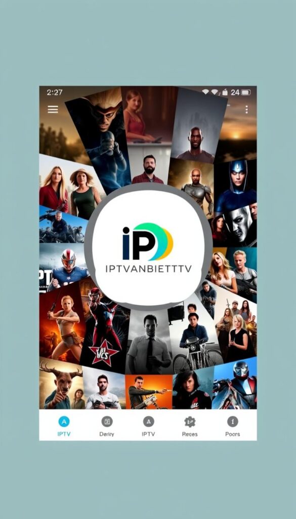 A sleek and intuitive IPTV app interface for Android TV, showcasing a comprehensive selection of live channels and on-demand content. The app's layout features a clean, modern design with a focus on user-friendliness, allowing seamless navigation through a wide range of entertainment options. In the center, the IPTVANBIETERTV logo stands prominently, conveying the app's branding and authority in the IPTV market. Surrounding the logo, high-quality imagery of popular shows and movies creates an immersive visual experience, inviting the user to explore the wealth of content available. The overall mood is one of sophistication and accessibility, reflecting the app's ability to cater to a diverse audience of Android TV users.