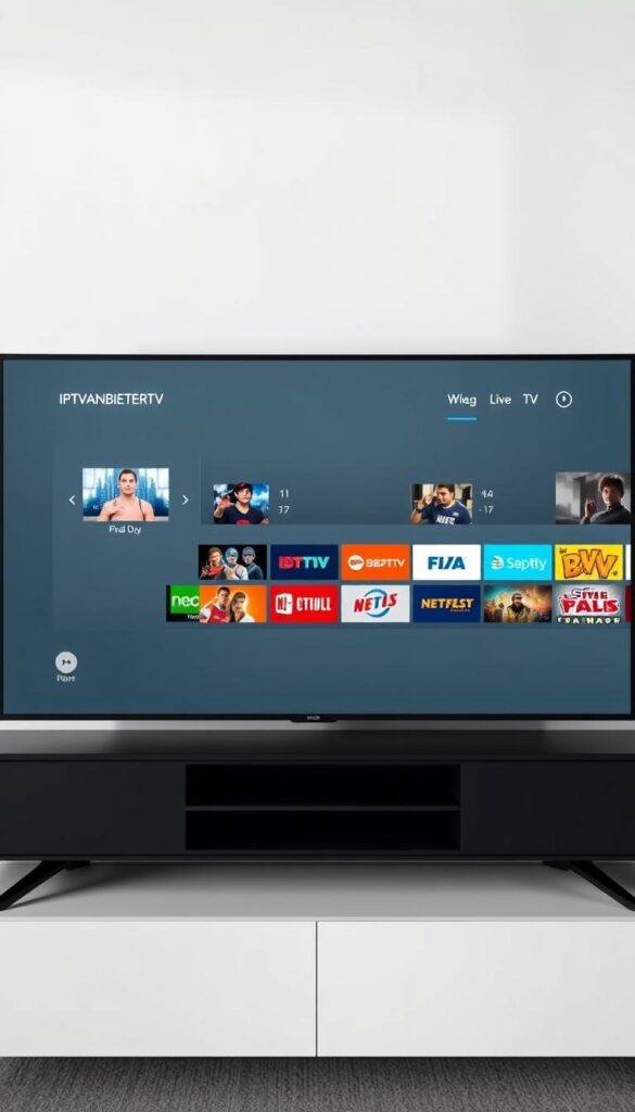 A sleek and intuitive IPTV player interface for the Fire TV Stick, showcasing a wide selection of live TV channels and on-demand content. The application, IPTVANBIETERTV, is prominently displayed against a clean, minimalist backdrop, with a focus on the user experience and ease of navigation. The screen is well-lit, with a soft, natural lighting that enhances the clarity and vibrancy of the visuals. The user interface is presented in a crisp, high-resolution format, allowing for a seamless and immersive viewing experience. The overall atmosphere conveys a sense of simplicity, efficiency, and accessibility, making it an ideal choice for Fire TV Stick users seeking a comprehensive IPTV solution.