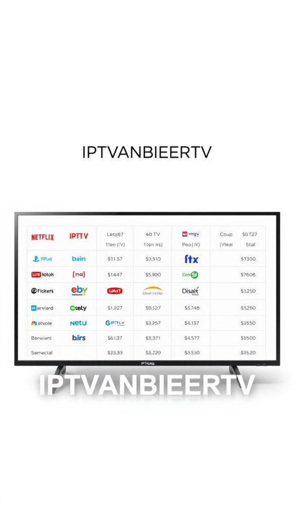 A sleek and minimalist infographic showcasing a side-by-side price comparison of various IPTV providers. Set against a clean, white background, the infographic features three distinct sections - foreground, middle, and background. The foreground displays the IPTVANBIETERTV brand logo prominently, rendered in a modern, sans-serif typeface. The middle section presents a grid-like layout of provider logos and their corresponding monthly subscription fees, displayed in a clear and organized manner. The background subtly incorporates stylized icons and graphs, providing visual context to the pricing information. The overall aesthetic is professional, elegant, and designed to convey transparency and ease of understanding for the consumer.