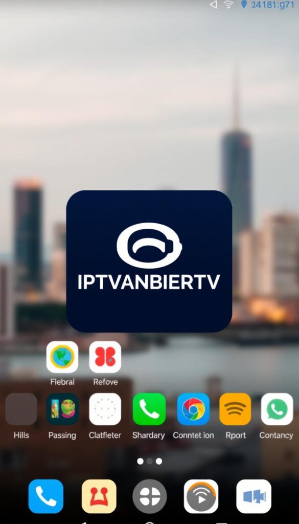 A sleek and modern Android IPTV player interface, showcasing a clean grid layout with various app icons. In the center, a large, high-resolution image of the IPTVANBIETERTV brand logo stands out prominently, drawing the viewer's attention. The background features a subtle, blurred cityscape, hinting at the versatility and global reach of the IPTV service. Soft, warm lighting creates a welcoming and inviting atmosphere, while a shallow depth of field focuses the eye on the main elements. The overall composition is balanced and visually appealing, reflecting the user-friendly and comprehensive nature of the IPTV player.