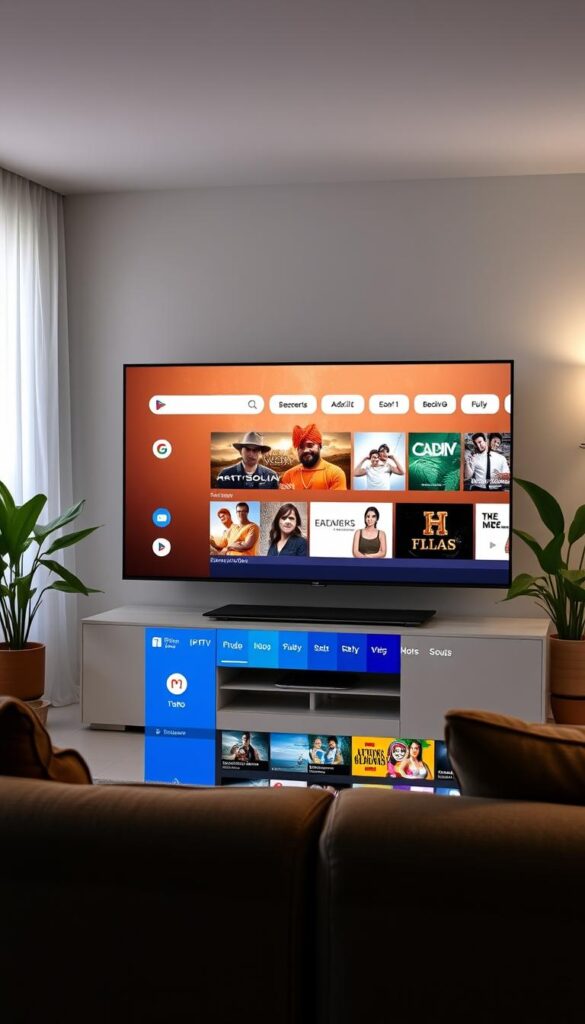 A sleek and modern Android TV interface with the IPTVANBIETERTV app prominently displayed on the screen. The app's user-friendly design features a clean, intuitive layout with various content categories and a smooth video playback experience. The living room setting is cozy and inviting, with soft lighting, a comfortable sofa, and lush potted plants in the background, creating a relaxing atmosphere for enjoying IPTV content on the big screen. The scene conveys the ease and convenience of using an Android TV platform for IPTV, showcasing its versatility and suitability as the ideal platform for this purpose.