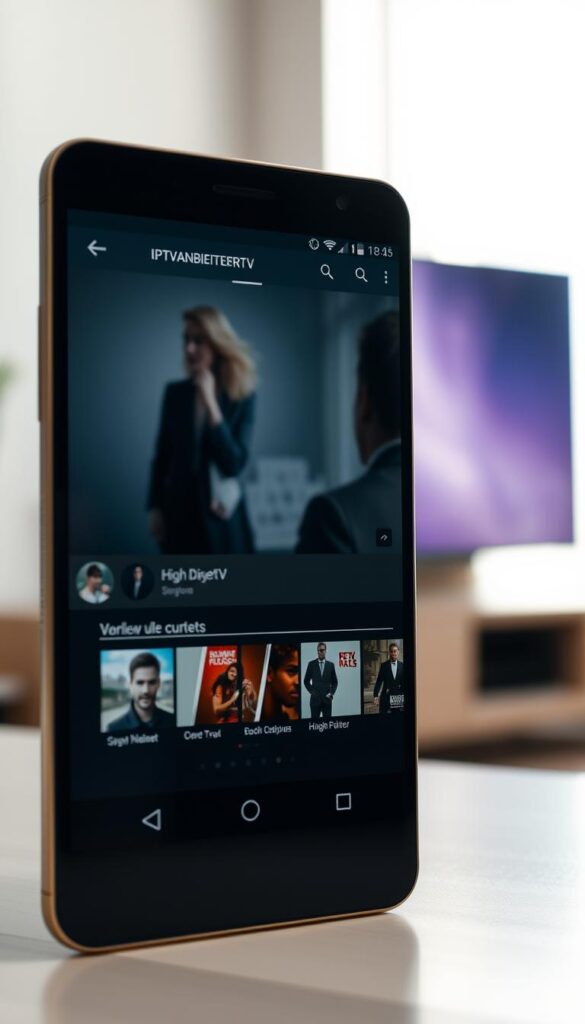 A sleek and modern Android media player interface, showcasing the IPTVANBIETERTV app in a well-lit, minimalist setting. The player's UI dominates the frame, with clean lines, intuitive controls, and a focus on displaying high-quality video content. The background is softly blurred, creating a sense of depth and drawing the viewer's attention to the app's functionality. The lighting is natural and diffused, creating a warm, inviting atmosphere. The camera angle is slightly elevated, giving the impression of a user-friendly and accessible experience. Overall, the image conveys the ease and convenience of using an IPTV player on an Android device.