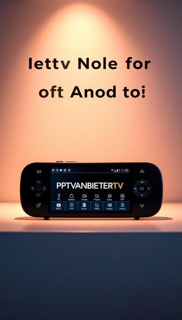 A sleek and modern Android media player interface with the IPTVANBIETERTV brand prominently displayed. The device is set against a minimalist background, showcasing its seamless integration with the IPTV service. Soft, warm lighting illuminates the scene, creating a premium and inviting atmosphere. The player's intuitive layout and user-friendly controls are clearly visible, highlighting its ease of use. The overall composition emphasizes the device's role as the leading IPTV solution for Android users, conveying a sense of reliable and high-quality entertainment.