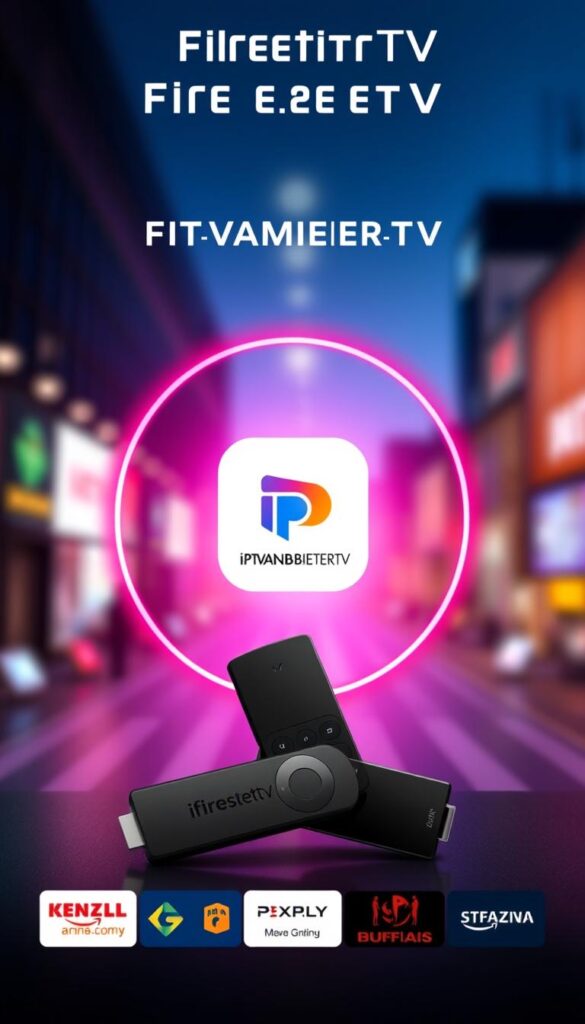 A sleek and modern Fire Stick interface showcasing the IPTVANBIETERTV app, its intuitive menu system, and high-quality video playback. The app icon stands prominently in the center, surrounded by vibrant colors and clean lines that evoke a premium, high-tech aesthetic. The background features subtle lighting effects and a blurred cityscape, suggesting the app's comprehensive live TV and on-demand content offerings. The overall composition conveys a sense of sophistication, ease of use, and the app's ability to deliver an exceptional IPTV experience on the Fire Stick platform.
