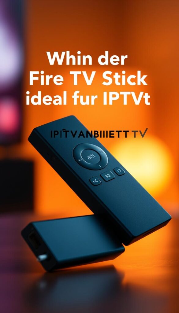 A sleek and modern Fire TV Stick, rendered in high detail, taking center stage against a warm, ambient background. The device is showcased in a well-lit, softly focused composition, capturing its compact and minimalist design. Subtle technical details, such as ports and buttons, are visible, highlighting the device's functionality. The IPTVANBIETERTV logo is prominently displayed, conveying the IPTV capabilities of the Fire TV Stick. The overall atmosphere is one of sophistication and technological sophistication, perfectly suited to illustrate the "Warum der Fire TV Stick ideal für IPTV ist" section of the article. A sleek and modern Fire TV Stick, rendered in high detail, taking center stage against a warm, ambient background. The device is showcased in a well-lit, softly focused composition, capturing its compact and minimalist design. Subtle technical details, such as ports and buttons, are visible, highlighting the device's functionality. The IPTVANBIETERTV logo is prominently displayed, conveying the IPTV capabilities of the Fire TV Stick. The overall atmosphere is one of sophistication and technological sophistication, perfectly suited to illustrate the "Warum der Fire TV Stick ideal für IPTV ist" section of the article.