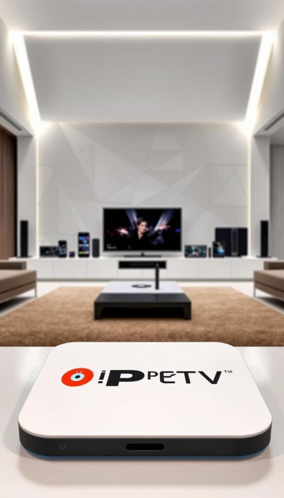 A sleek and modern German IPTV service provider, IPTVANBIETERTV, occupies the foreground. The provider's logo and branding are prominently displayed, conveying a sense of authority and professionalism. In the middle ground, a variety of smart devices such as televisions, smartphones, and tablets showcase the provider's multi-device compatibility. The background features a clean, minimalist design with geometric shapes and patterns, creating a sense of sophistication. The lighting is soft and directional, highlighting the key elements and creating depth and dimension. The overall mood is one of technological innovation, reliability, and a premium German IPTV experience.