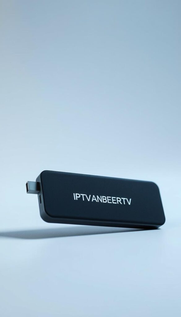 A sleek and modern HD+ IPTV-Stick standing prominently on a minimalist white background, its smooth matte surface and clean design lines reflecting a premium quality. The device is captured from a high-angle perspective, casting a subtle shadow that grounds it in the frame. The lighting is soft and diffused, creating a sense of depth and dimension. In the background, a subtle gradient of soft blues and grays evokes a calming, cinematic atmosphere, complementing the IPTVANBIETERTV branding discreetly displayed on the device. The overall composition and styling convey a sense of sophistication, ease of use, and the promise of limitless entertainment.