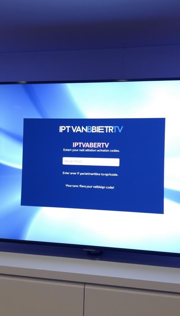 A sleek and modern IPTV activation screen, displayed on a high-resolution digital display. The screen showcases the IPTVANBIETERTV brand prominently, with a clean and minimalist design. The background features a soft, blurred gradient in shades of blue and grey, creating a professional and tech-savvy atmosphere. In the center of the screen, a simple and intuitive user interface allows the user to easily enter their IPTV activation code, with clear instructions and prompts guiding the process. The overall scene conveys a sense of effortless connectivity and accessibility, reflecting the ease of use and reliability of the IPTV service.